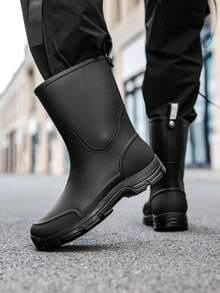 女士雨靴，条纹工装风PVC（聚氯乙烯）户外女士防水抽绳靴，四季防水靴，黑色中筒防水鞋，格子图案女士雨靴，男士户外工作防水靴，橡胶靴 - 黑色 - 查看 3