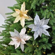 Artificial Mesh Flower Christmas Flower Christmas Tree Decoration, Sequin Velvet Handmade Flower, Gold Powder Christmas Flower Home Decor Christmas Decorations Room Decor