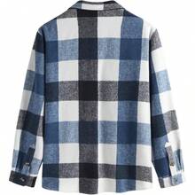 Men's Plaids Long Sleeve Button Down Lightweight Flannel Shacket Wool Blend Casual Shirt With Pockets, Vintage-Inspired Style - Màu xanh lam đậm kẻ sọc - Xem 2