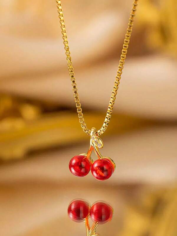 1 Stück Mode Cubic Zirkonia Kirsche Anhänger Halskette, Metallkette Halskette für Frauen, geeignet für den täglichen Gebrauch, Geschenk für sie