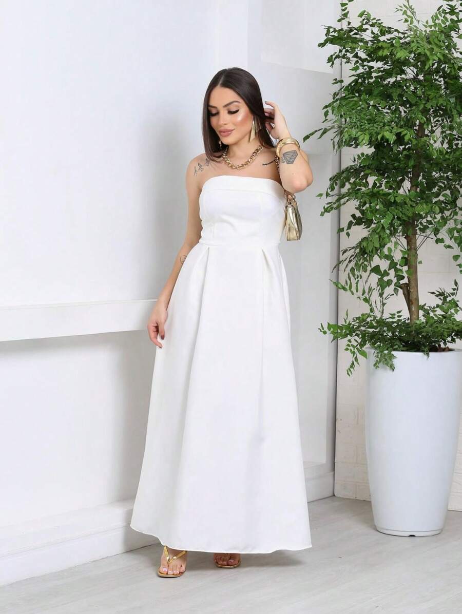 Elegant Long Tailored Dress - White - View 1