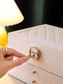 1pc Three-Layer Jewelry Storage Box, Dressing Table With Drawer Jewelry Storage Box, Gift Leather Jewelry Box, Portable Jewelry Storage Box, Desktop Storage Drawer Box, Stackable Storage Box, Can Store Watches, Necklaces, Rings, Pendants, Bracelets And Other Multi-Functional Jewelry Storage Boxes, Exterior With Locking Leather Design,