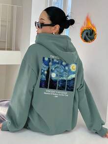 Grafik Sweatshirt, Herbst Damen Kleidung, Drop-Shoulder Hoodie, Fleece gefütterte Winter Drop-Shoulder Oberteile, Neuheiten in Kapuzenpullovern und Sweatshirts - Matcha Grün - Übersicht 1