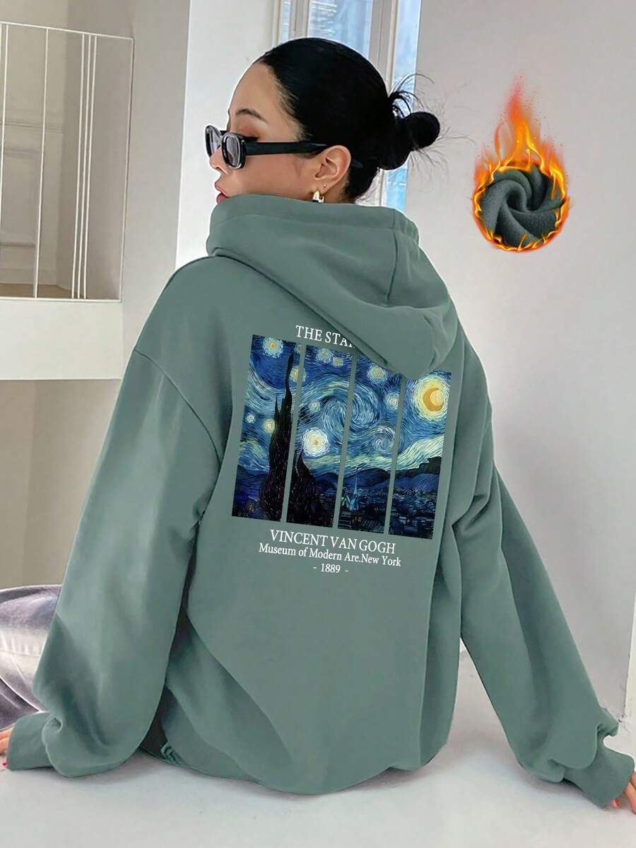Grafik Sweatshirt, Herbst Damen Kleidung, Drop-Shoulder Hoodie, Fleece gefütterte Winter Drop-Shoulder Oberteile, Neuheiten in Kapuzenpullovern und Sweatshirts - Matcha Grün - Übersicht 1