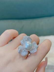 1pc Elegant Cultured Pearl Adjustable Ring, Rhinestone Decorated Vintage 3-Flower Design, High-Quality Jewelry Suitable For Women's Daily, Holiday, Party Wear, Gift For Girlfriend/Wife - Silver - View 3