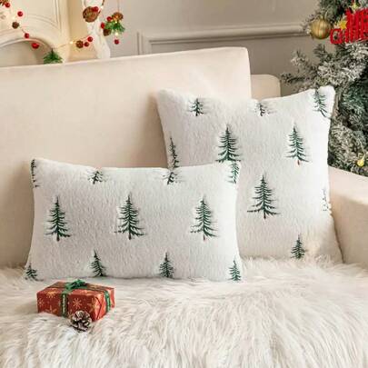 1pc (Pillow Insert Not Included) Christmas Decorative Pillow Covers Faux Fur Throw Pillows With Embroidered Christmas Tree 18x18 Inch White Red Winter Couch Covers For Festival Sofa Bedroom Living Room Home Decor