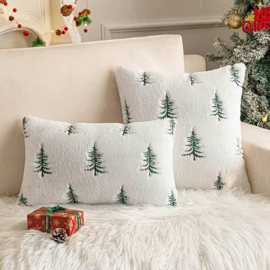 1 pezzo (Inserto cuscino non incluso) Federe decorative natalizie in finta pelliccia, cuscini con albero di Natale ricamato 45x45 cm, bianco e rosso, copri divano invernali per festival, camera da letto, soggiorno, decorazione per la casa - Bianco e verde - Visualizzare 1