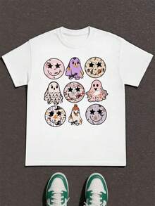 PLUS SIZE Halloween Ghost Graphic Tee Soft Polyester Cotton Anti Shrink Slim Fit Casual Everyday Wear