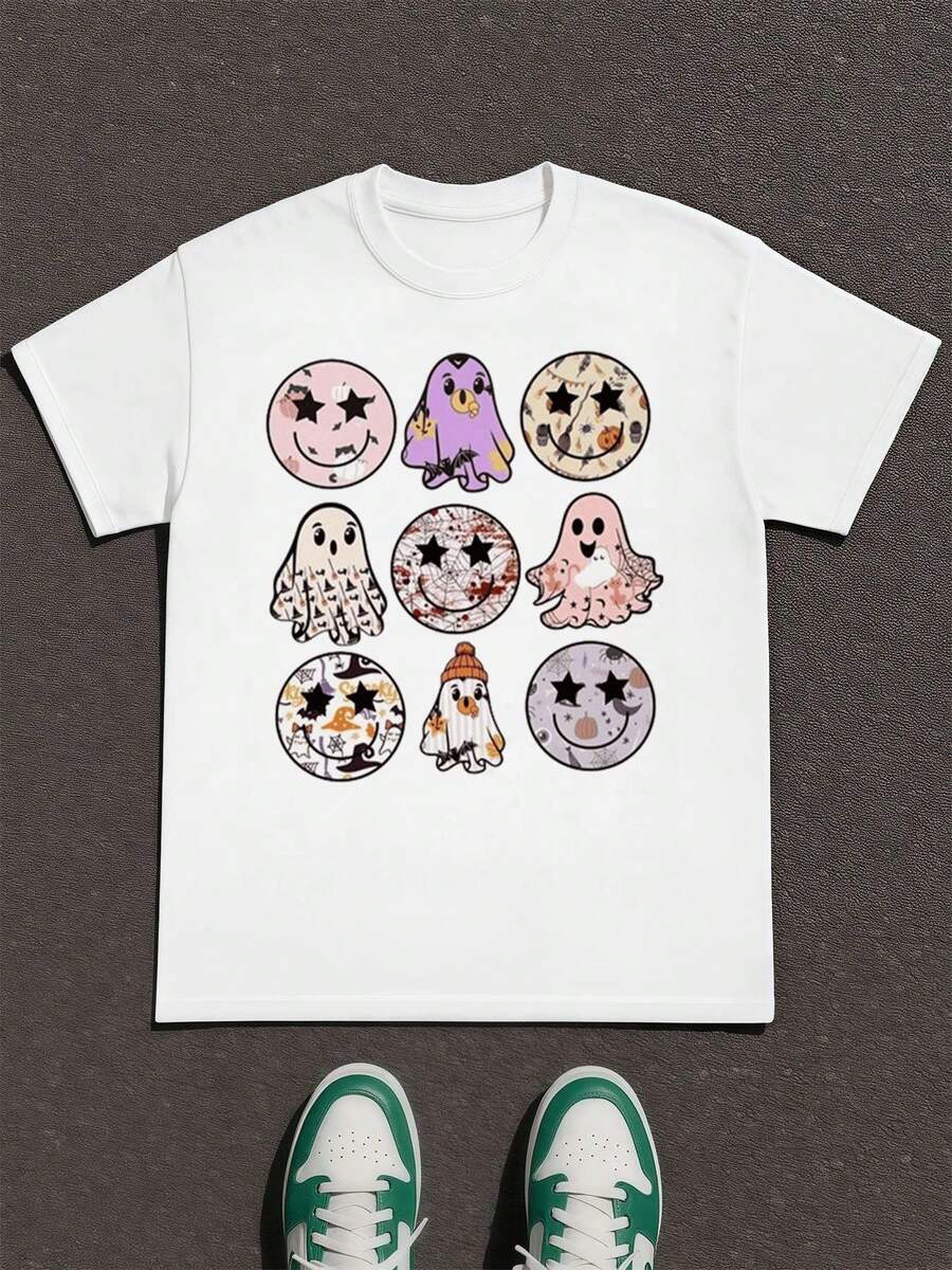 PLUS SIZE Halloween Ghost Graphic Tee Soft Polyester Cotton Anti Shrink Slim Fit Casual Everyday Wear