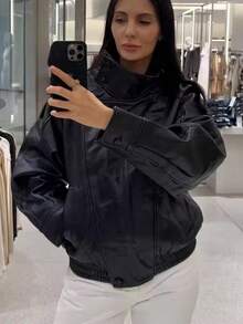 女士时尚黑色PU皮夹克，长袖高领拉链外套，秋冬季时尚外衣 - 黑色 - 查看 6