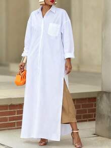 女士纯色前开襟纽扣开衩下摆休闲长衬衫，适合工作和度假，春季白色 - 白色 - 查看 2