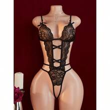 Y Hollow Out Deep V-Back Buckle Jumpsuit, Erotic Clothing, Jumpsuit Sleepwear With Open Crotch And Exposed Breasts, Women's Clothing In Three Colors, Optional Bow Decoration, Adjustable Shoulder Straps,  Clothing - 黑色 - 查看 13