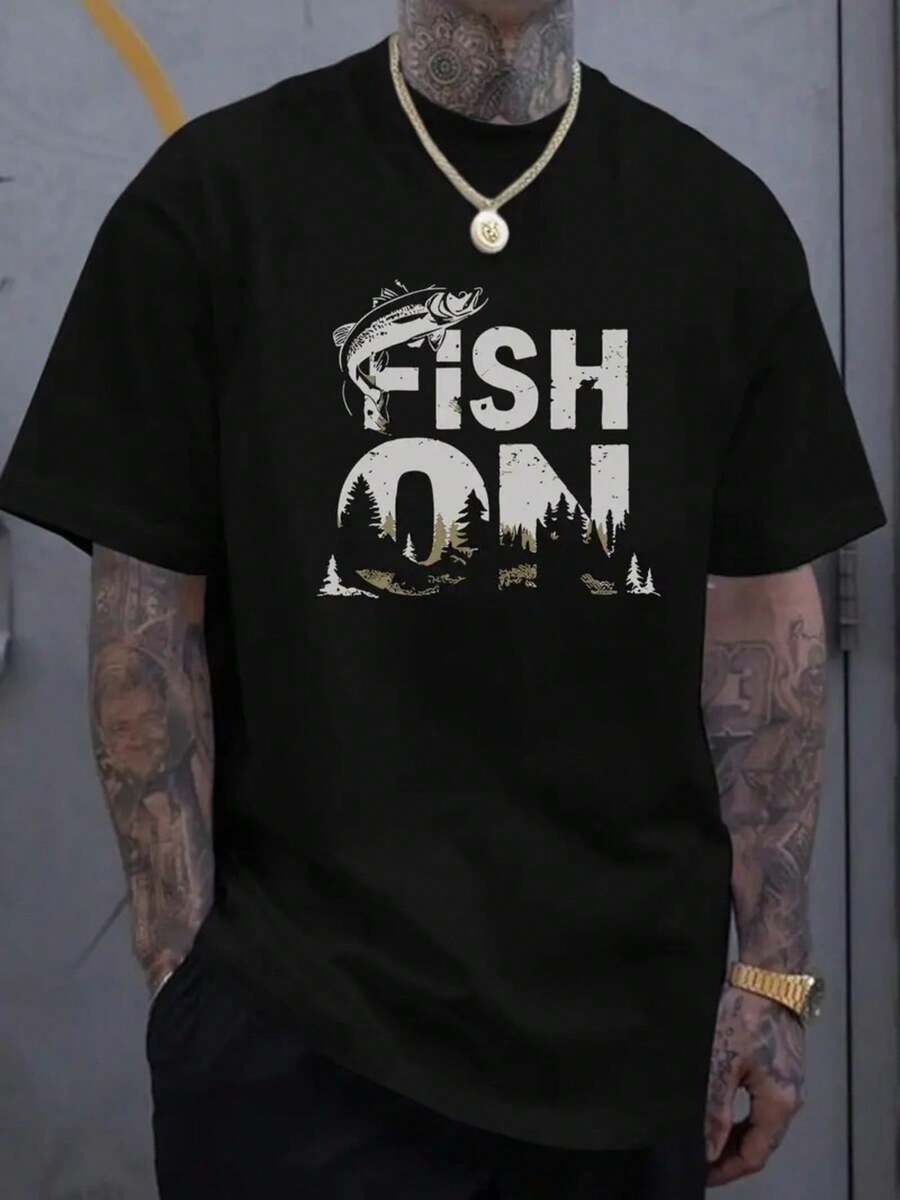 Ultra-Comfy Men's Cotton Tee 220g Premium Fabric, Plus Size Men's Cotton Fish On Graphic T-Shirt - Fishing Theme Outdoor Adventure Design, Unisex Fit Casual Streetwear, Tattoo-Friendly & Machine Washable, Nature Lover Gift For Spring Summer Fall, PLUS SIZE Breathable Ideal For Casual & Lounge Wear, 100% Cotton, Machine Washable Christmass Gift - 黑色 - 查看 1