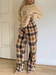 2pcs Women Long Sleeve Pajama Set, Cute Bear Embroidery & Print Fleece Crew Neck Top And Plaid Pants, Comfortable & Warm For Autumn/Winter - Brown - View 5