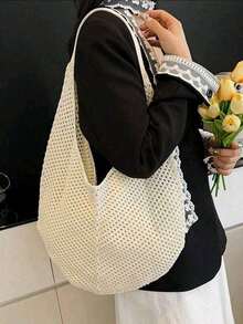 Large Capacity Crochet One Shoulder Tote Bag - Lightweight, Multifunctional Knitted Handbag, Beige, Pink, Brown, Black, Suitable For Travel, Beach, Vacation And Daily Use, Large Tote Bag 7MOC - 米色 - 查看 4