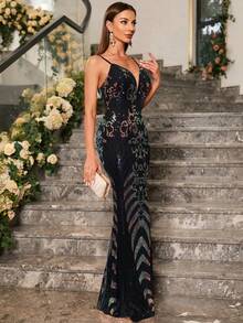 女士细肩带露背亮片花卉图案鸡尾酒会连衣裙 - 黑色 - 查看 4