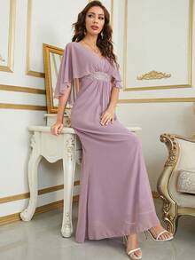 Women's V-Neck Batwing Sleeve Sequin Patchwork Chiffon Elegant Party Bridesmaid Dress - Lilac Purple - View 5