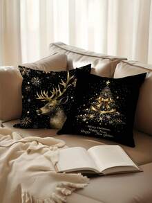 4pcs Gold Christmas Pillow Covers, Elegant Christmas Pillow Shams With Snowman, Reindeer And Christmas Tree Cartoon Designs, Polyester Single-Sided Printed Cushion Covers For Christmas Holiday Home Decor, Suitable For Sofa, Bed, Chair, Bedroom, Living Room, Farmhouse Porch, Machine Washable With Zipper Closure, Pillow Insert Not Included - Gold - View 5