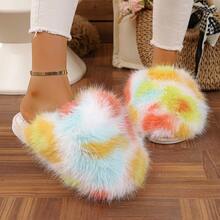 Pantoufles de maison décorées de peluche colorées et pour femmes, automne/hiver