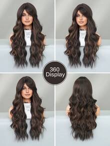 AKAKO 26 Inch Black Brown Highlight Long Wavy Wig With Curtain Bangs, High Quality Heat-Resistant Fiber Synthetic Wave Curly Hair Wig, Gorgeous Goth Style Costume Wigs For Women Halloween Party Masquerade Ball,Music Festivals & Carnival Use - 挑染棕色 - 查看 6