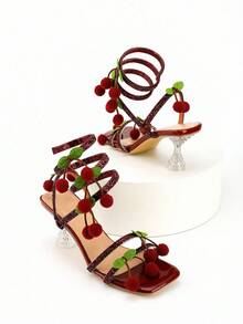 女士水晶高跟凉鞋，包裹式设计，镶有水钻和蝴蝶结，露趾，华丽闪亮水晶高跟鞋，适合婚礼、宴会等场合 - 酒紅色 - 查看 5