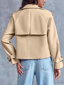 Women Cropped Jacket Double Breasted Trench Coat Raglan Sleeve Work Office Coat With Pockets - Beige - View 5