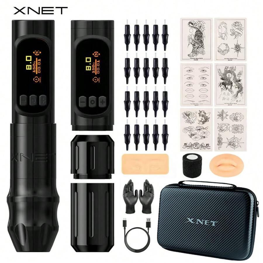 XNET 1 套 Sage Pro 无线纹身机 3D 眉毛练习皮肤刷电机 1300 电池纹身初学者套装适合纹身师 - 黑色 - 查看 1
