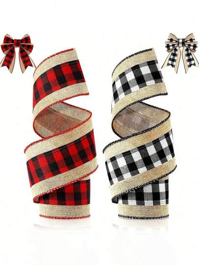 Christmas Plaid Ribbon Decorative Satin Ribbon, Plaid Burlap Ribbon, Plaid Burlap Ribbon For Handmade Christmas Tree Wrapping Decorations, (Black & White / Red & Black) Ribbon, Christmas Decorations, Wedding Decorations, Party Supplies, Holiday Decorations, Christmas Tree Ornaments