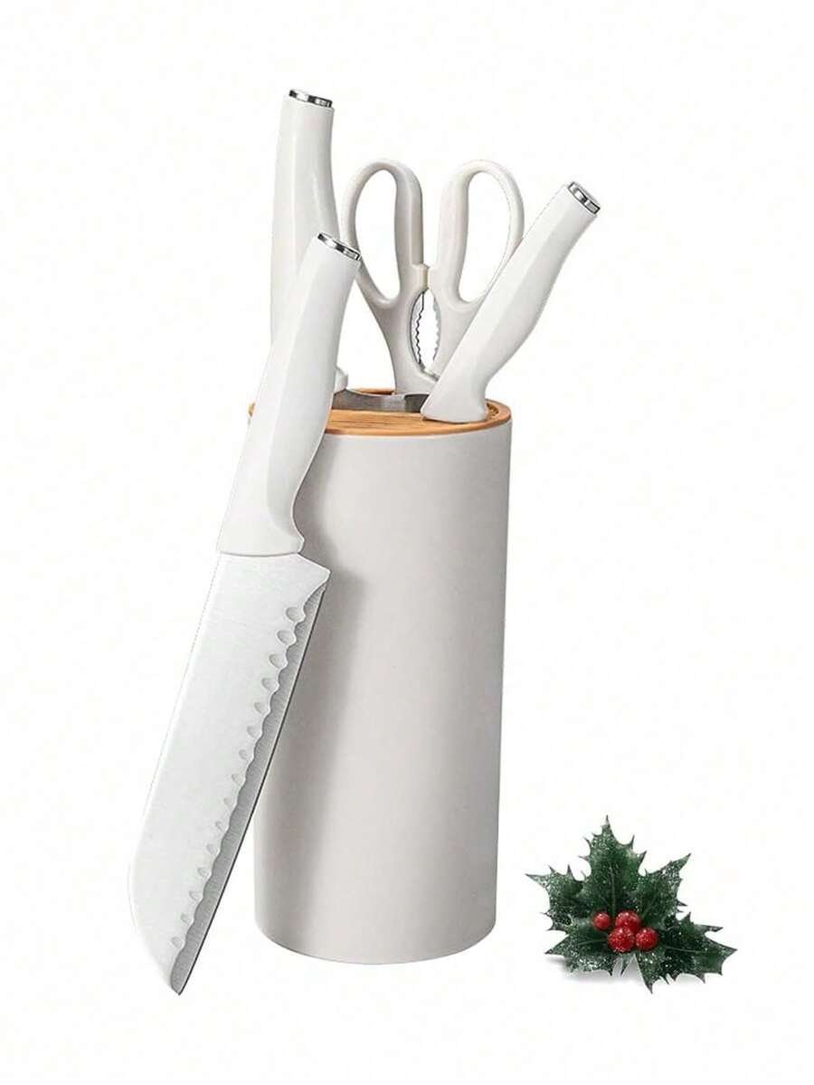 Juego de cuchillos, juego de cuchillos de cocina de chef profesional de 5 piezas, juego de cuchillos ultra afilados con soporte universal para cuchillos, juego de soporte para cuchillos de cocina de acero inoxidable resistente al óxido, diseño ergonómico - Blanco - Ver 1
