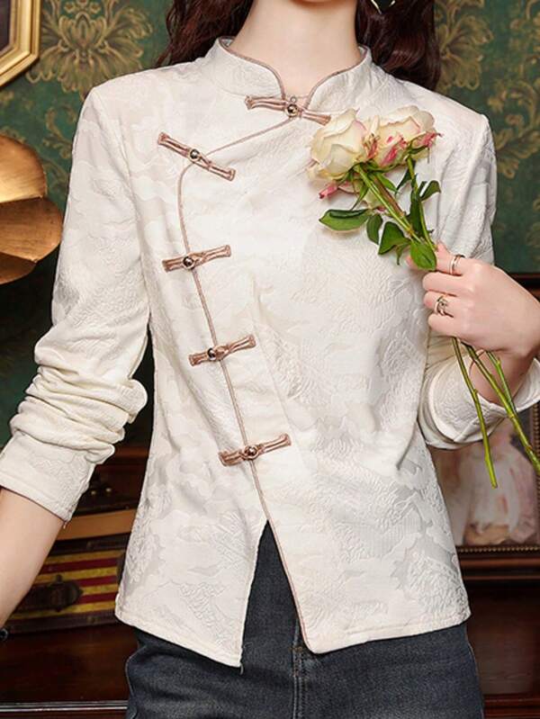 Chinese Style Chiffon Shirt Women Elegant Qipao Collar Blouse With Frog Buttons Fashion Boho Top