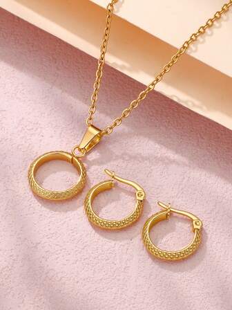 1 套/3 件高品质复古不锈钢粗圈耳环奢华简约镂空圆形项链精致珠宝套装