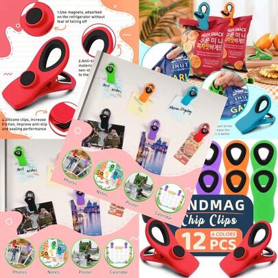 12 Pack Magnetic Chip Clips Bread Clips Food Bag Clips With Airtight Seal For Chips Kitchen Clips With Magnet For Fridge Plastic Assorted Colors Bag Clips For Food Storage Snack Organization