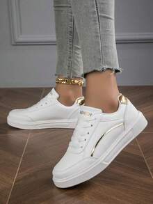 新款女士休闲运动鞋，大码女鞋，白色鞋子 - 金色 - 查看 3