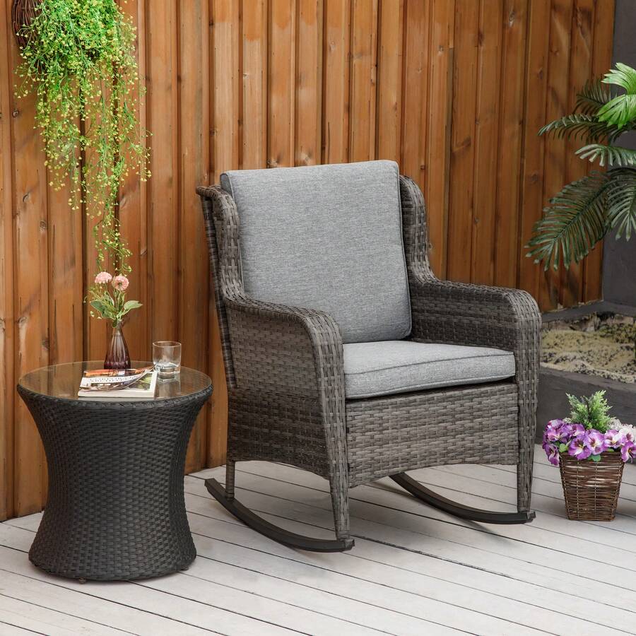 Outsunny Rattan Outdoor Rocking Chair, PE Wicker Patio Chair With Wide ...