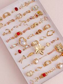 11pcs/Set Delicate Cute Pink Rhinestone Rings, Birthday Party Gifts For Girls & Boys, Accessories For Daily Wear - 11 Cat's Eye Rhinestone Ring - Gold - View 4