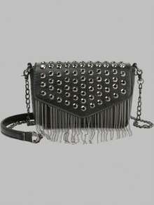 DareSee Bolso cuadrado con solapa, decorado con tachuelas y flecos, ideal para festivales de música, festivales Y2K, vuelta al colegio, otoño, Navidad e invierno. Regalo de Navidad.