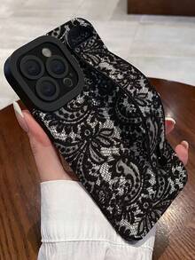 1pc Wrist Strap Lace Floral Painted Perforated Pattern Shockproof Painted Phone Case Compatible With IPhone Xs/Xsmax/Xr/11/12/13/14/14plus/15/15plus/16Pro/16Promax/17Promax, S25Ultra/S24Ultra/S23Ultra - Multicolor - View 3