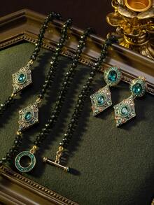 1 szt. zabytkowy naszyjnik z europejskim i amerykańskim wzorem w kształcie rombu z kryształkami, elegancki luksusowy zestaw naszyjnika i kolczyków, odpowiedni na imprezy, bankiety, wesela i inne okazje - Wielokolorowe - Zobacz 4