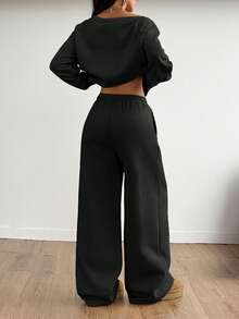 GLOpass Casual Solid Color Off-Shoulder Loose Sweatshirt And Pants Two Pieces Set For Women, Versatile For Daily Wear, Autumn/Winter Black Spring - Black - View 5