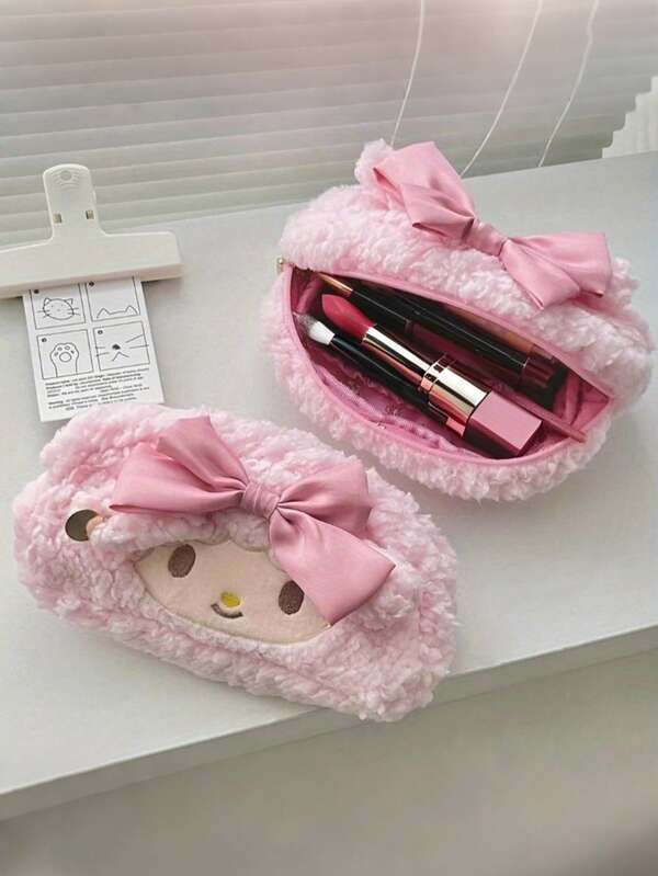 Sanrio Kawaii Pink Plush Cartoon Cosmetic Bag With Bowknot, My Melody - Style Fluffy Makeup Pouch & Pencil Case For Girls, Cute Soft Plush Organizer For Cosmetics, Stationery & Daily Essentials, Ideal For Sanrio Fans & Kawaii Aesthetic Lovers,Christmas Gifts,Pouch,Travel,Gifts For Women,Women's Necessaire,Travel Essential,Pouch,Clutch / Small Handbag,Necessaire,Makeup Organizer,Makeup Organize,Pouch,Brush Holder,Mini Pouch,Large Capacity Pouch