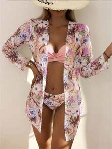 3 Piece Bikini Swimsuit Set With Positioning Print, Beachwear And Women's Vacation Fashion - 粉色 - 查看 6