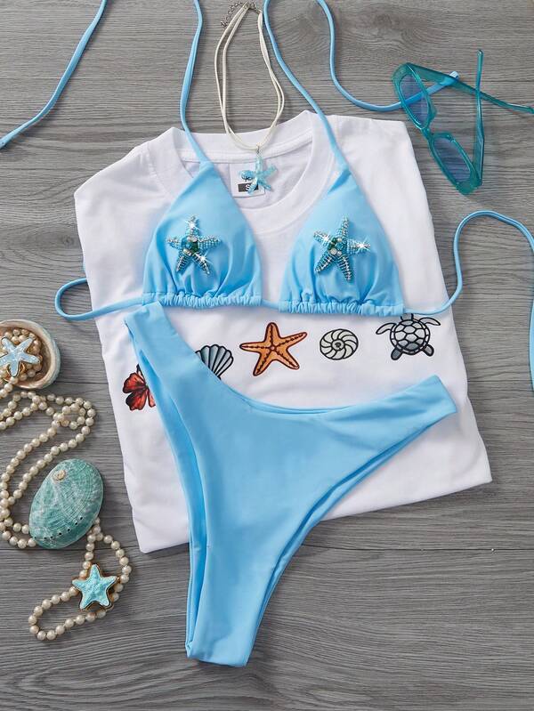 SS26 New Arrival Women Fashion Bikini Set, Sparkle Sexy Stylish Seastar Tortuga Decor,Baby Blue Swimwear Beach Outfits For Woman Party Outfit ,Gift For Her
