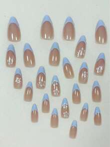 24Pcs Minimalism Style Yellow & Pink Flower Decor French Manicure Medium Almond Shaped Artificial Nail Tips, Suitable Office Ladies, Daily Wear, Dates, Afternoon Tea, Outdoor Activities Press On Nails Nail Supplies Nails - 多色 3 - 查看 4