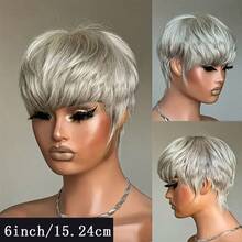 Elegant Gray Wig Human Hair Wig Pixie Cut Wig Short Hair Wig With Bangs Glueless Wig Straight Wigs Halloween Cosplay Wig Family Costume Wig 6-Inch Rose Mesh Hat, Comfortable To Wear, Suitable For All Women - Xám - Xem 4