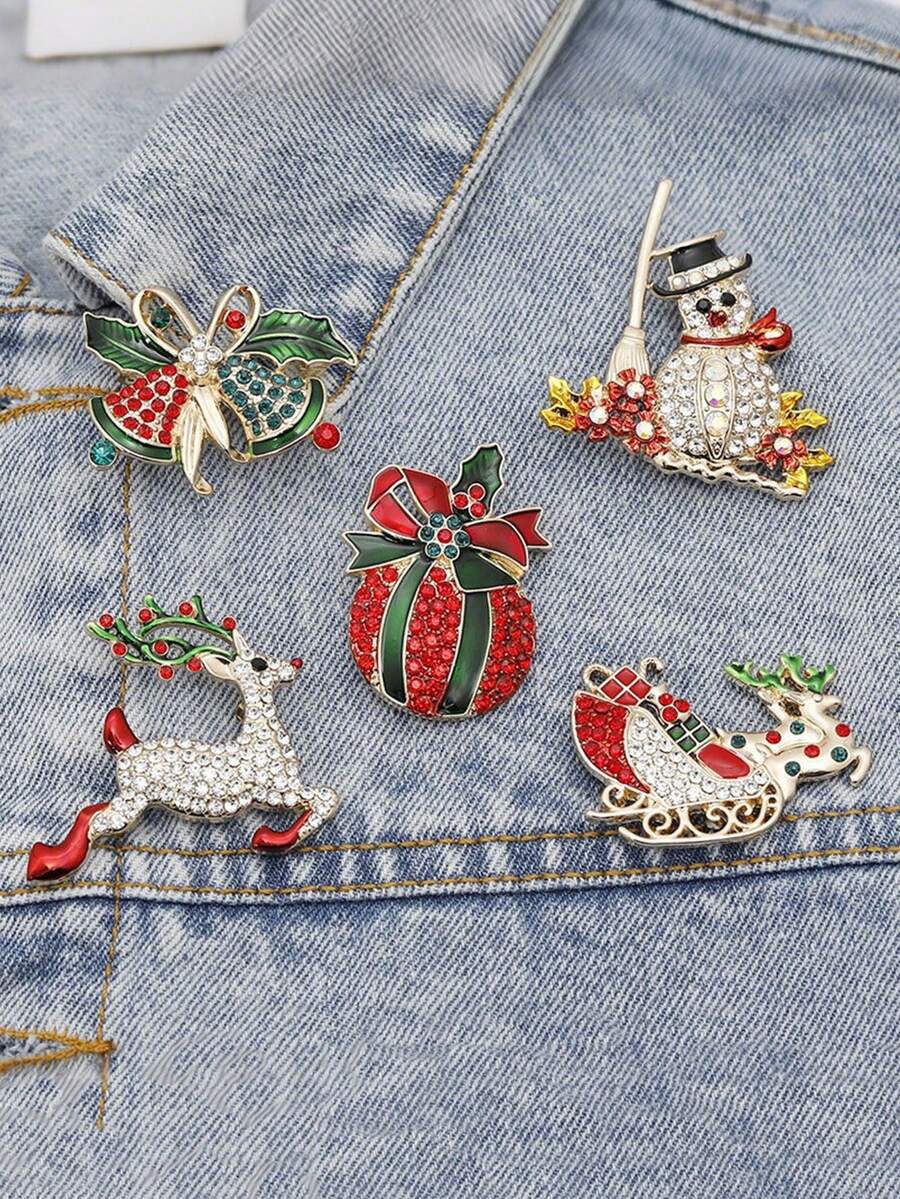 1/5 Piezas de broches de Navidad con diamantes incrustados - Alfileres florales creativos - Manzana roja, muñeco de nieve, campana, alce de dibujos animados - Broches para damas - Regalo de Navidad perfecto
