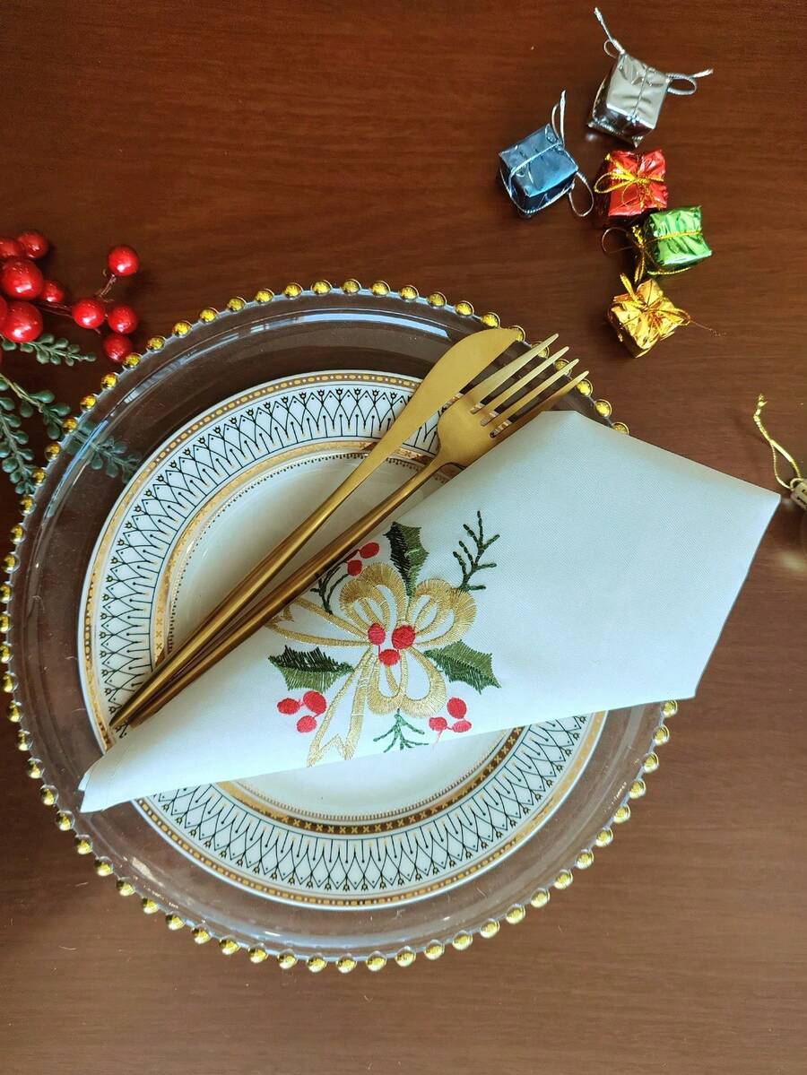 1件/2件/4件裝復洛克布料餐巾,亮金色捲軸花卉刺繡,可水洗白色布餐巾,優雅餐桌裝飾餐巾,適用婚禮接待、新娘派對、節日宴會、廚房 - 彩色 - 查看 1