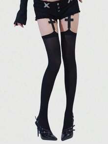 1 Pair Of Gothic Style Deep Black Cross Pattern Garter Stockings, Perfect Gift For Valentine's Day, Christmas, Halloween, Mother's Day - Black - View 3