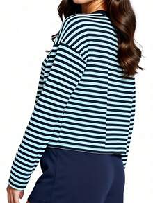 Women Striped Long Sleeve Baggy T Shirts Y2k Vintage Stripes Oversized Boxy Tees Cropped Tops Lionesss Stripped Sweatshirt Fall Preppy Teen Girl Clothes - 藍色 - 查看 7
