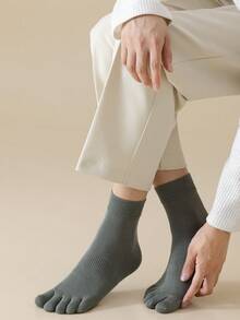 5-Toe Cotton Socks For Men, Solid Color, Breathable, Seamless Mid-Calf Socks, Suitable For All Seasons, Anti-Odor, Durable, Pill-Resistant