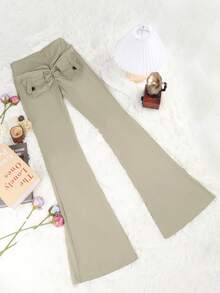 Quần cargo nâng mông co giãn cao cấp Y2K, có túi, thích hợp cho các bài tập mông, thể thao & thể dục, cạp rộng, ống loe cao, dành cho nữ mùa xuân - Màu be - Xem 5